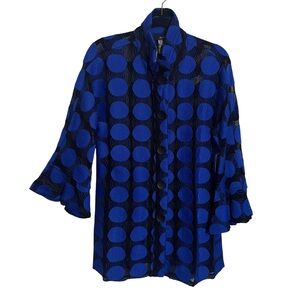 Ali Miles NWT Size X-Small Blue Black Circle Button Up Top Textured Artsy Sheer